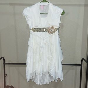Candie’s Girl White and Golden Flower Belt Frill Dress